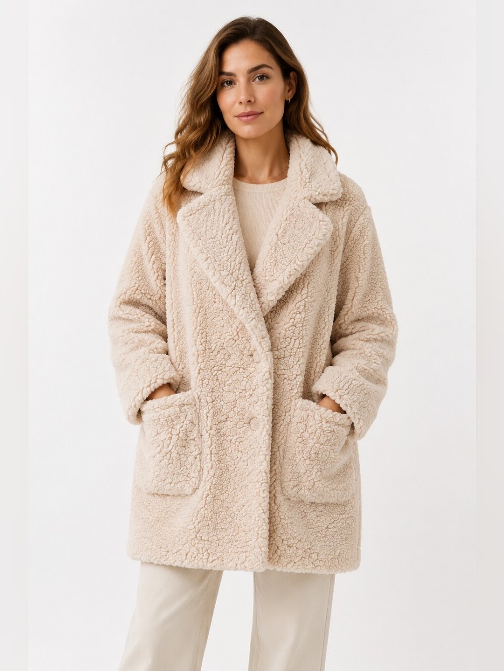 C&C California Cream Teddy Sherpa Faux Fur Coat Size Large comfy BTC